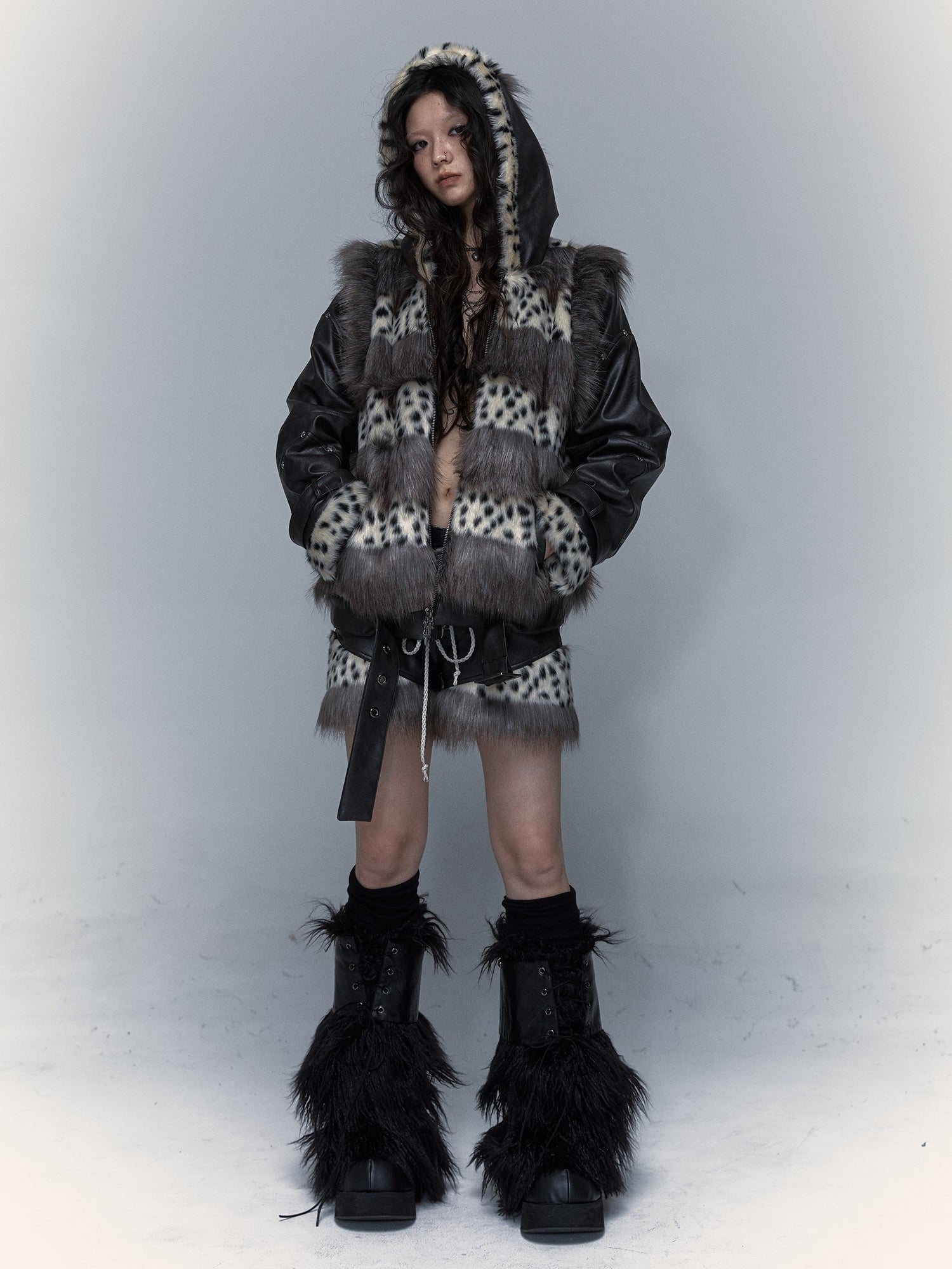 Removable Sleeve Hooded Leopard Print Eco-friendly Fur Jacket