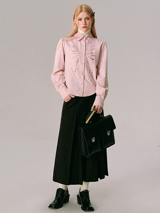 Bow Cut-out Embroidered Long-sleeved Shirt