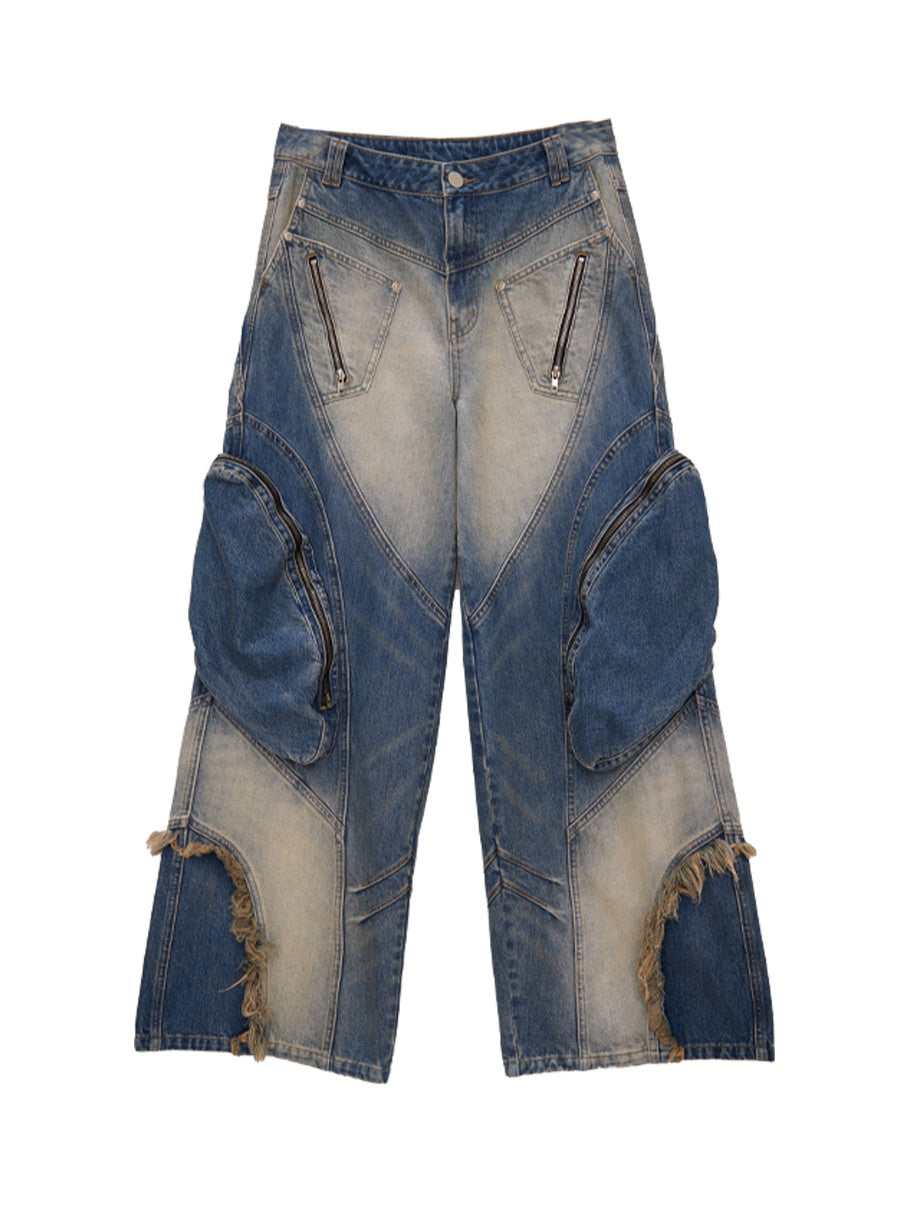 Special-shaped Structure Pocket Bleached Dyed Loose Jeans