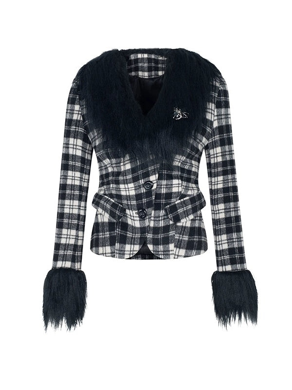 Plaid Fur Collar Short Jacket ＆ Pleated Skirt