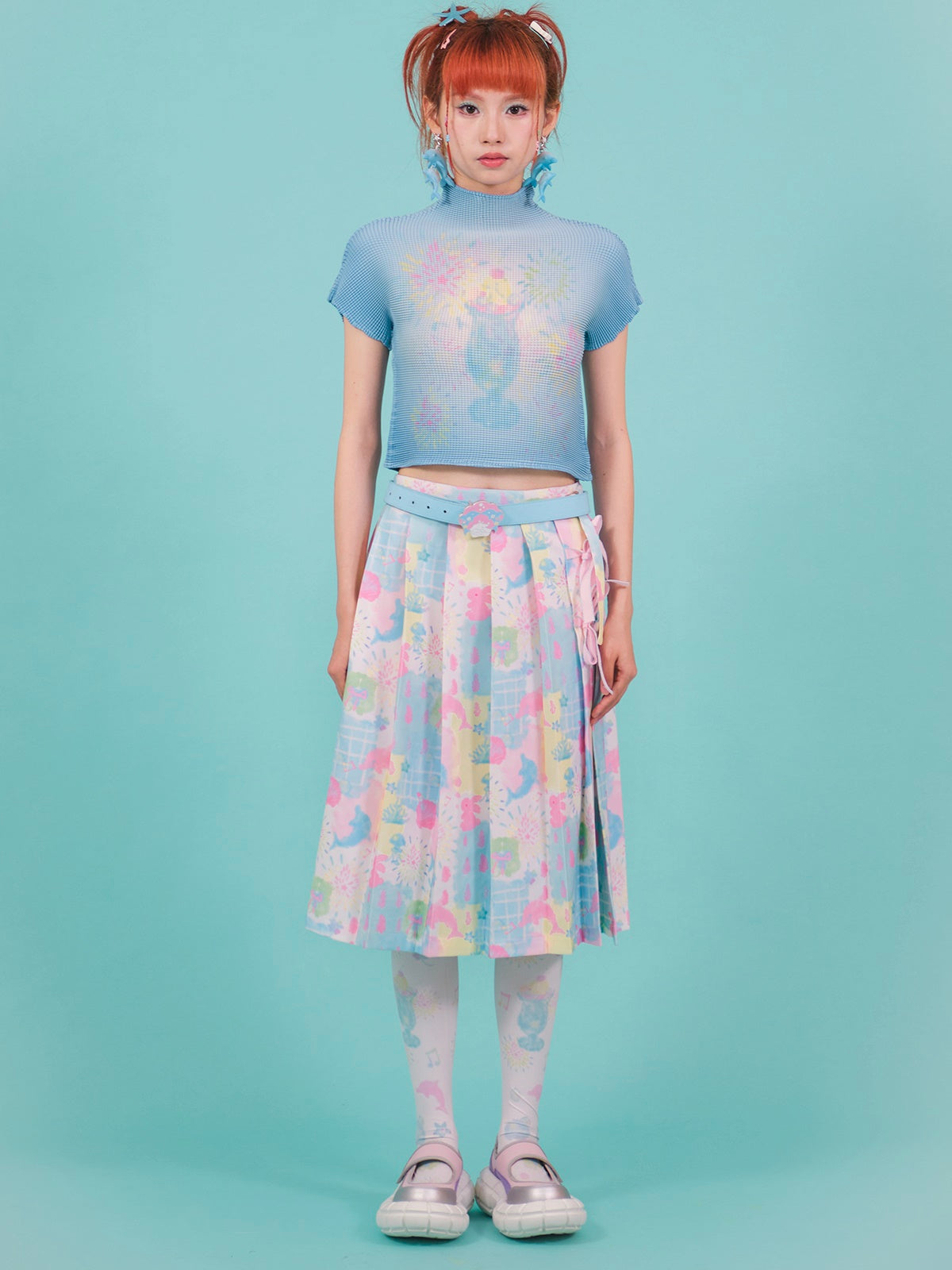 Cartoon Dolphin Printed Pleated Skirt