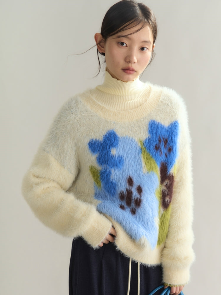 Flower Retro Crew-Neck Mohair-Knit