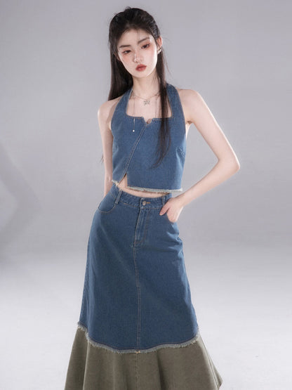 Denim Halter Neck Vest &amp; Fishtail Skirt Set-up