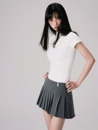 Striped Mid-low Waist Double Zipper Pleated Skirt