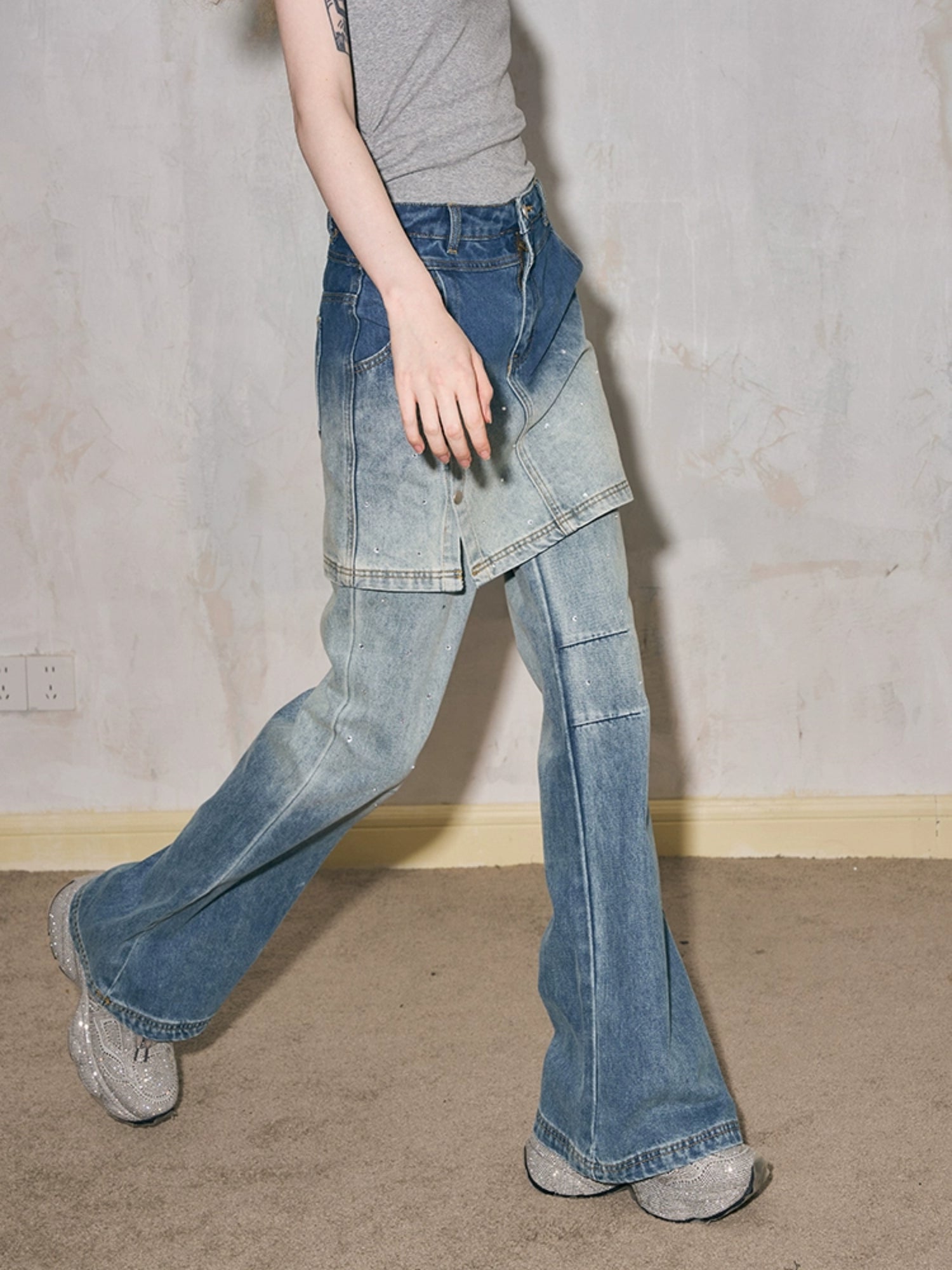 Fake Two-piece Gradation Wash Flared Denim Skirt Pants