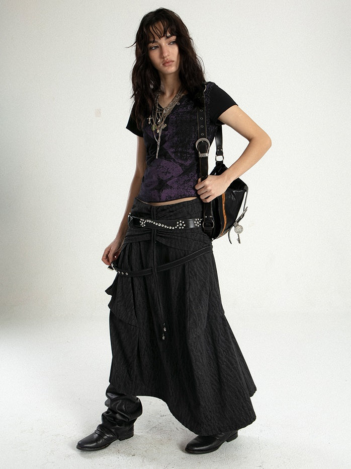 Tribal Style Irregular Segmentation Pleated Long Skirt