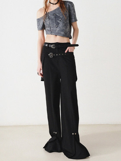 Wide Leg Pants With Belt Pocket