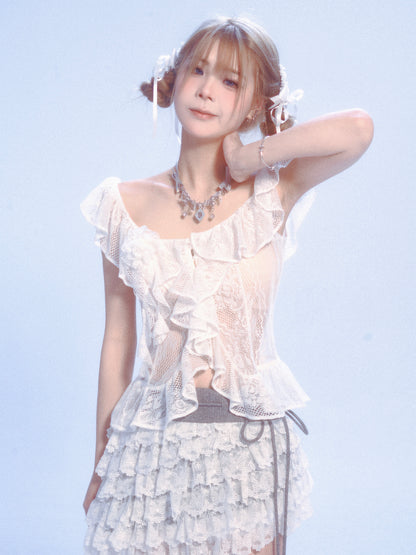 Frill Collar Lace Cardigan Shirt