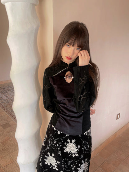 Eye Printed Velvet Long-sleeved Cheongsam Top