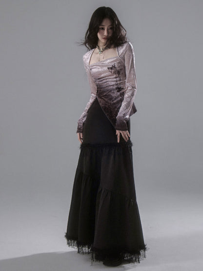 A-line Fringe Stitch Long Skirt