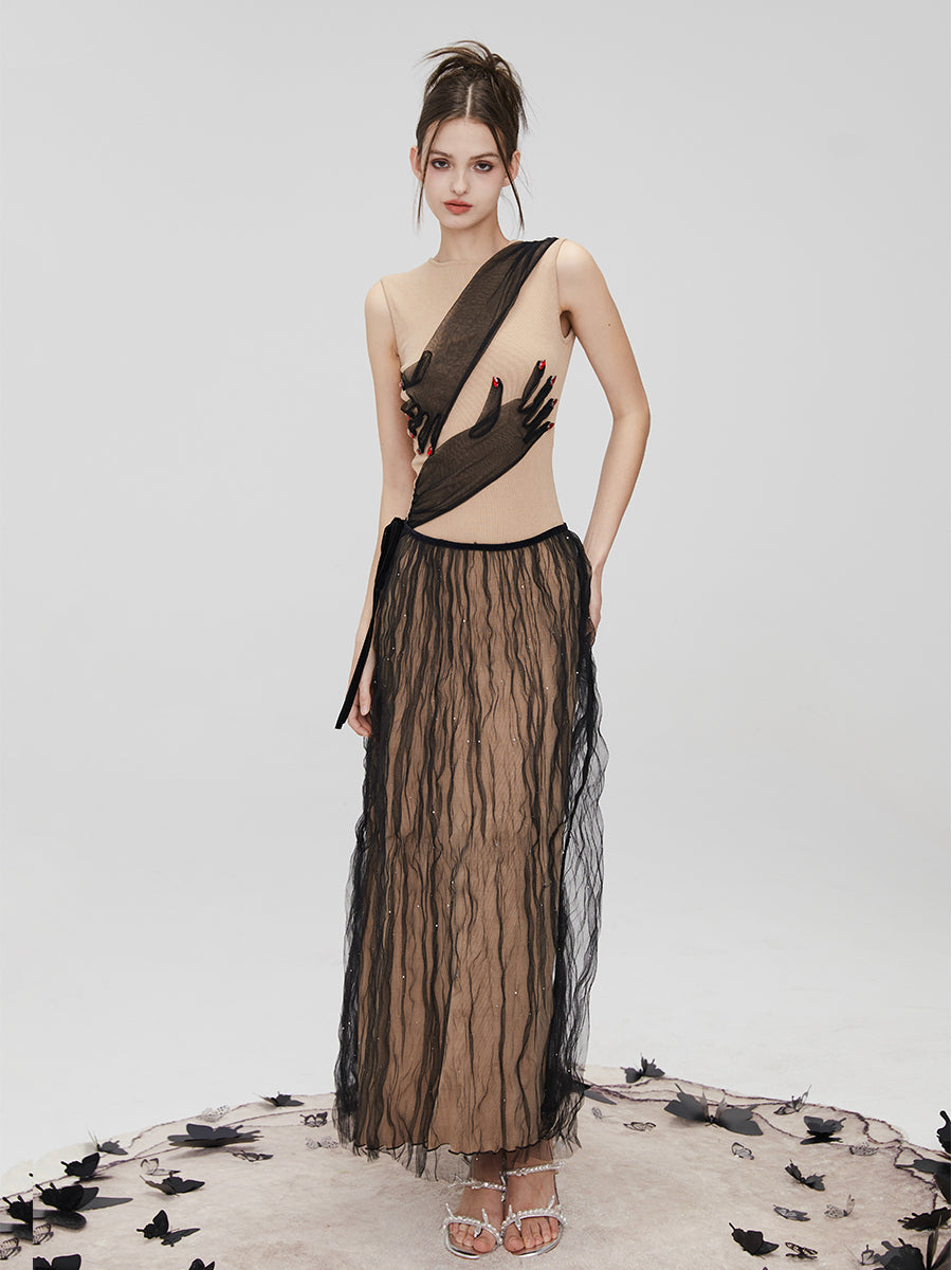 Removable Mesh Skirt Slim Long Dress