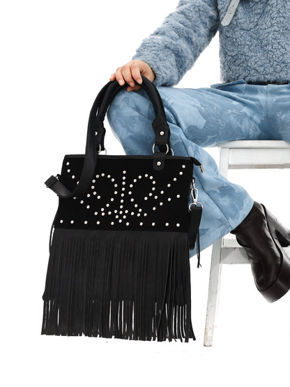 Retro Rivet Pattern Portable Crossbody Tassel Bag