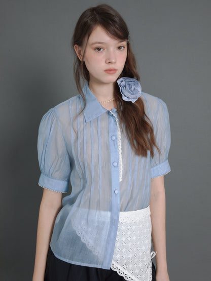 Pin Tuck Puff Sleeve Sheer Blue Shirt