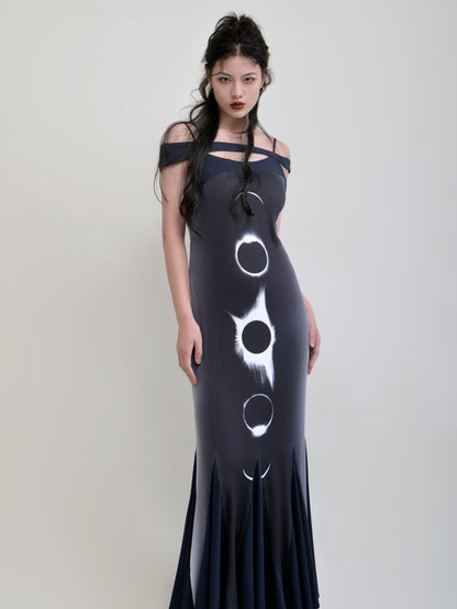 New Chinese Style Printed Suspenders Fishtail Dress