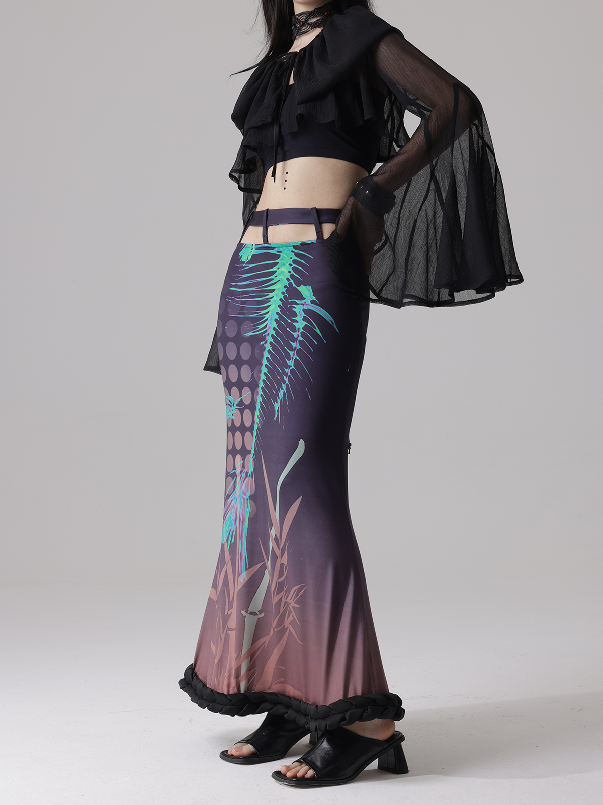 Fishbone Print Stitching Braid Profile Hem Top &amp; Fishtail Skirt