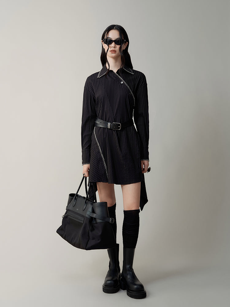 Asymmetric Stripe Slant Button Shirt Dress