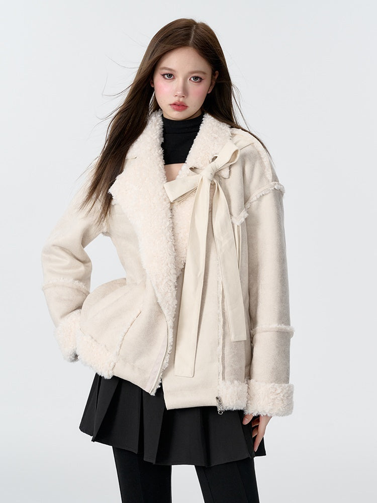 Ribbon Accent Fur Motorcycle Jacket