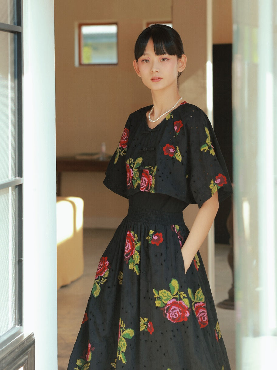 Red Peony Embroidery Improved One-piece