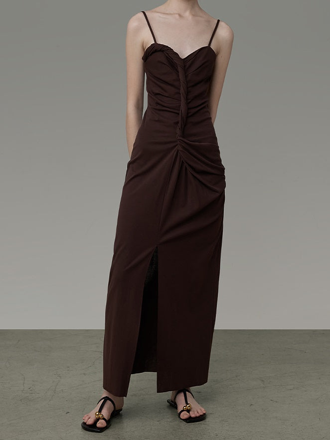 Twist Drape Design Slim Suspenders Slit Dress