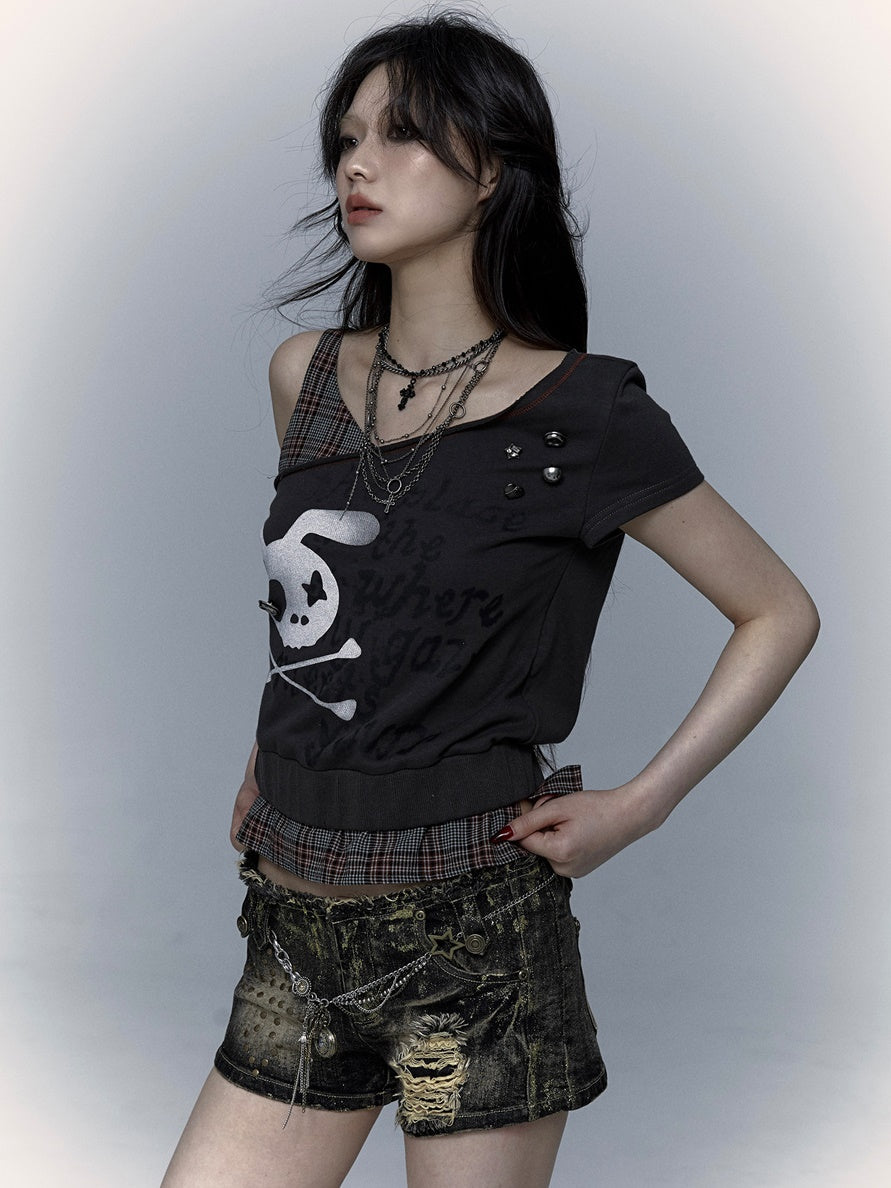 Punk Street Patchwork Plaid Fake Two-piece T-shirt