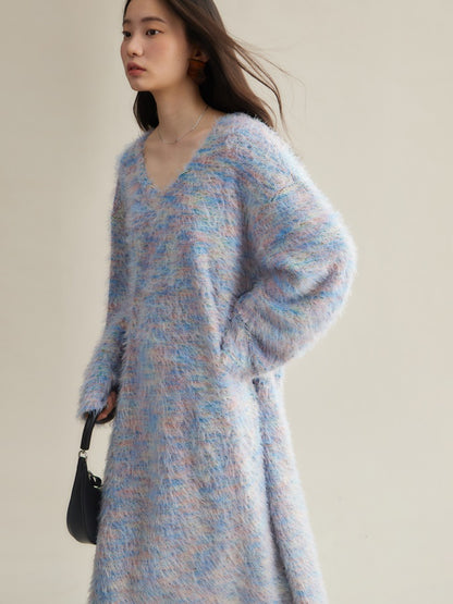 Mix Color Shaggy Touch Pullover Knitted ＆ Dress