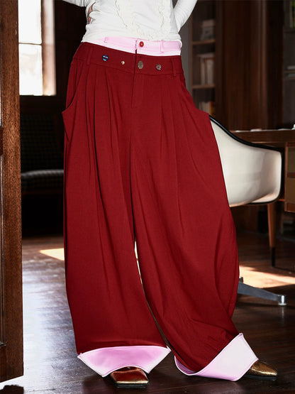 Contrast Color Loose Flap Wide Leg Pants