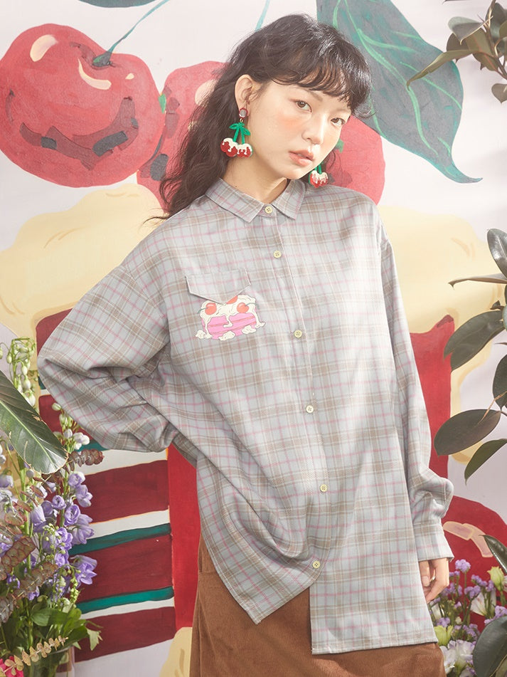 Cherry Cream Cake Print Plaid Loose Shirt