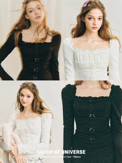 Square Neck Lace Shirring Shirt