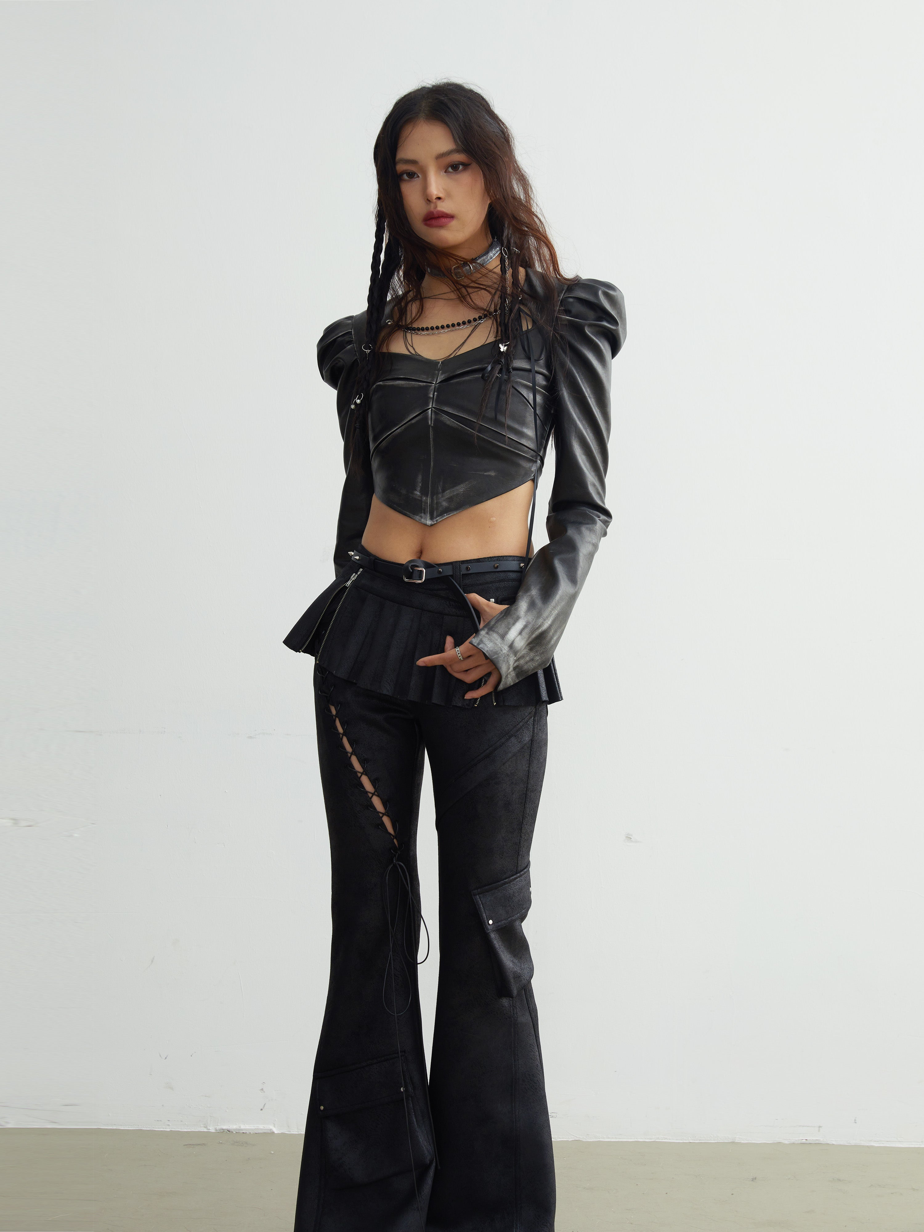 Chain Decorated Gradient Imitation Leather Short Jacket