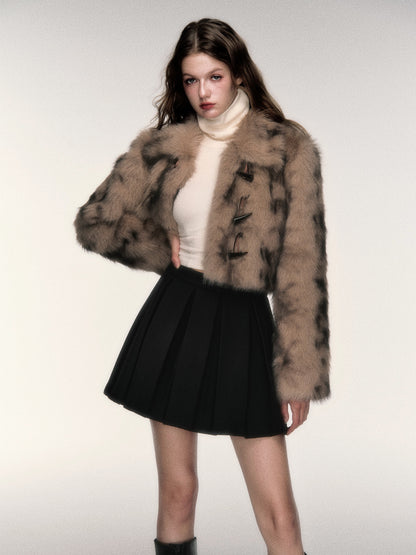 Horn Button Short Leopard Print Imitation Fur Jacket