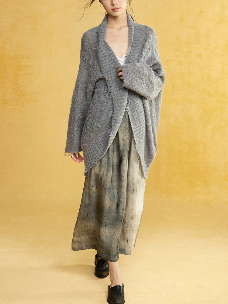 Mohair Curved Hem Loose Knitted Cardigan