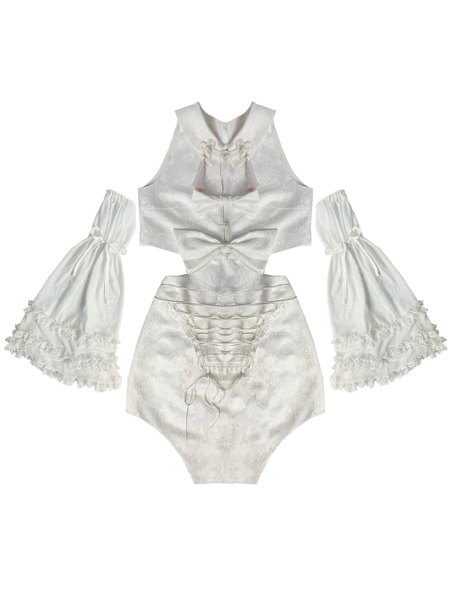 Ribbon Broidery Brass Frill Frill Body Suit