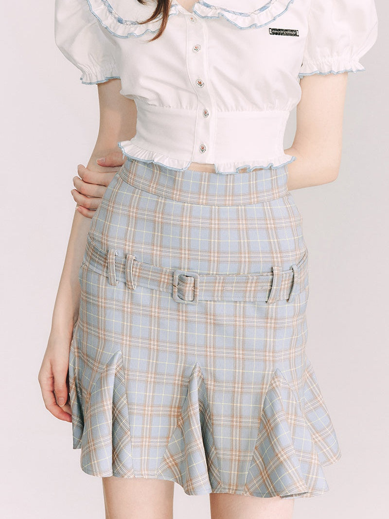 Grid Belt Ruffled High Waist Skirt