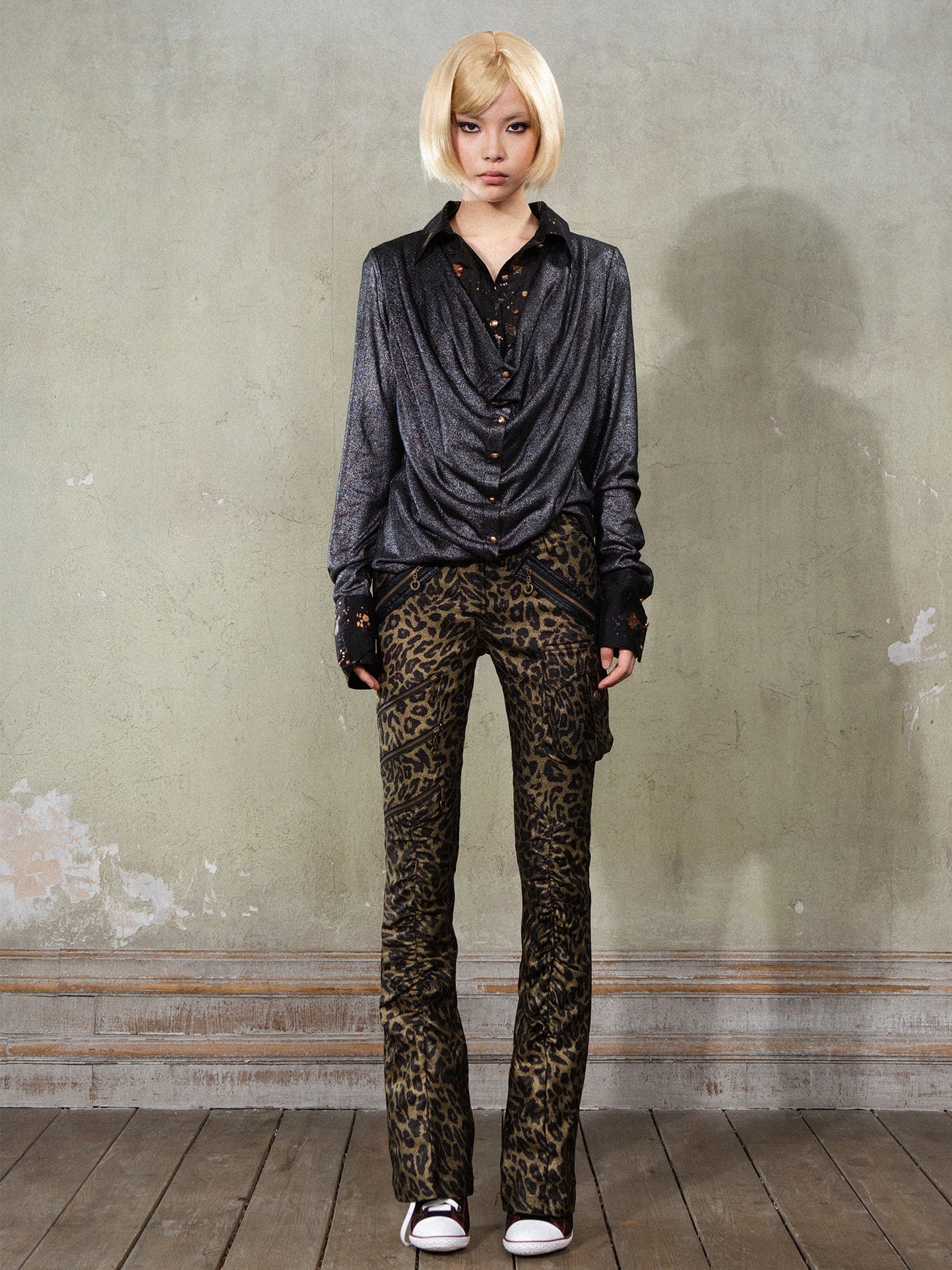 Leopard Print Punk Texture Low-waist Shirring Flared Pants