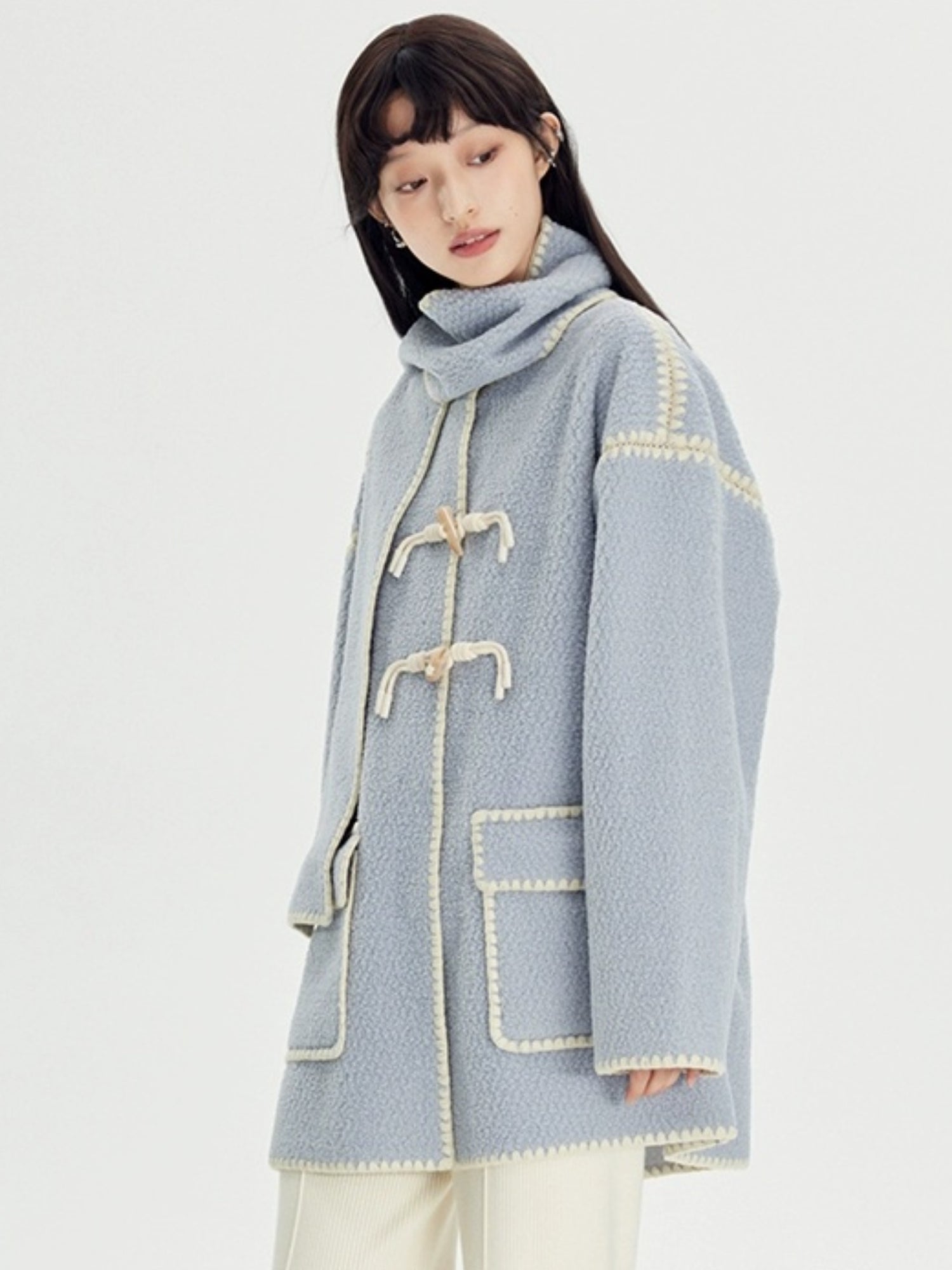 Embroidered Stitch Horn Button Coat