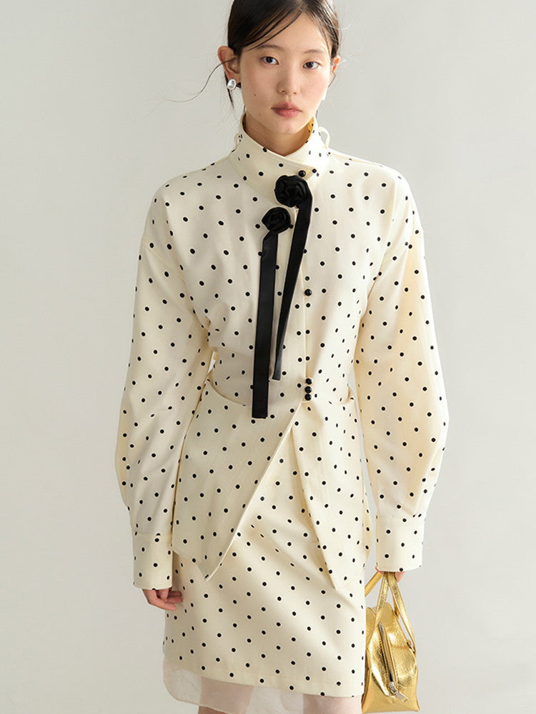 Dot Ciffon Nichi Balloon-Sleeve Chic Blouse＆Skirt