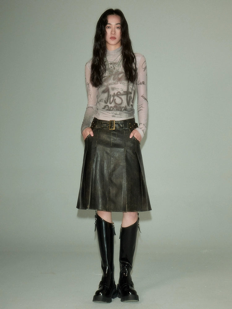 Retro Leather Rivet Belt Skirt