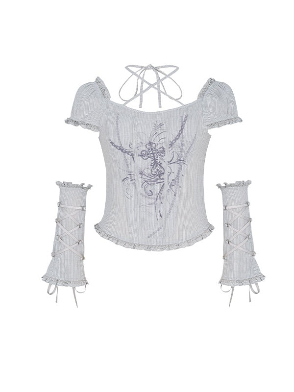 Hanging Neck Strap Lace Short-Sleeed T-Shirt with Sleepes