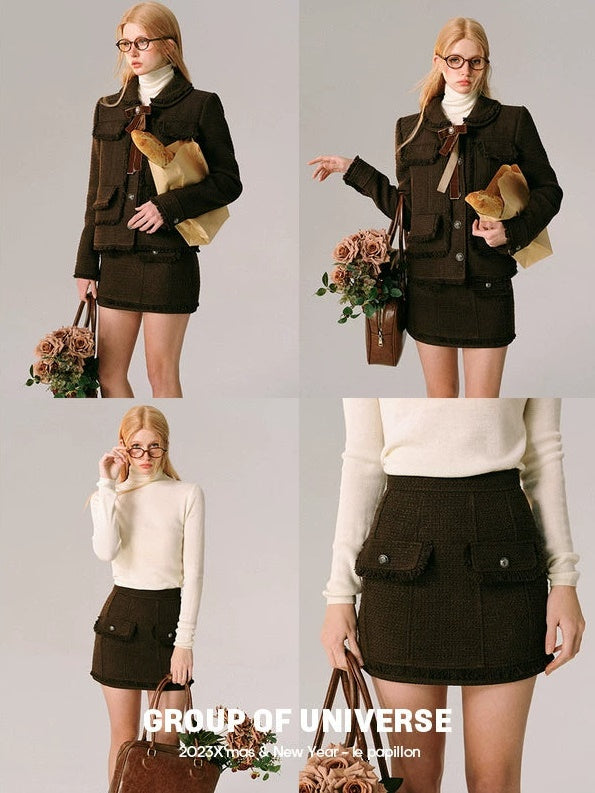 College Style Tweed Short Jacket &amp; Mini Skirt