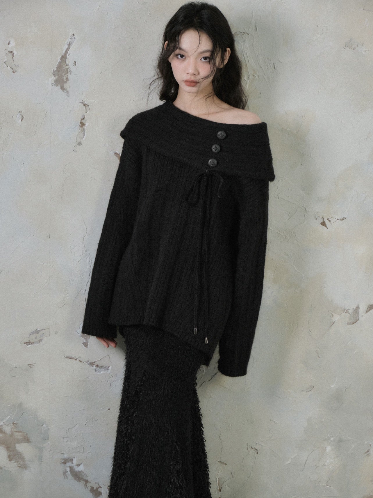 Button Accent One Shoulder Loose Knitted Sweater