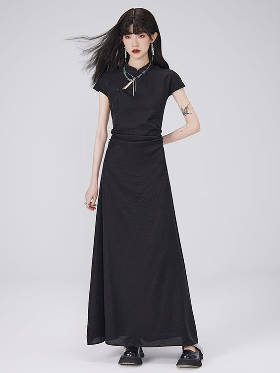 Chinese-Style Shirred Long Dress