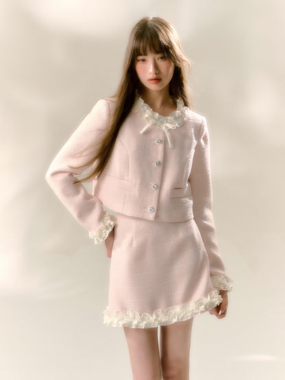 Fine Glitter Small Fragrance Jacket ＆ Frill Stitch Short Skirt