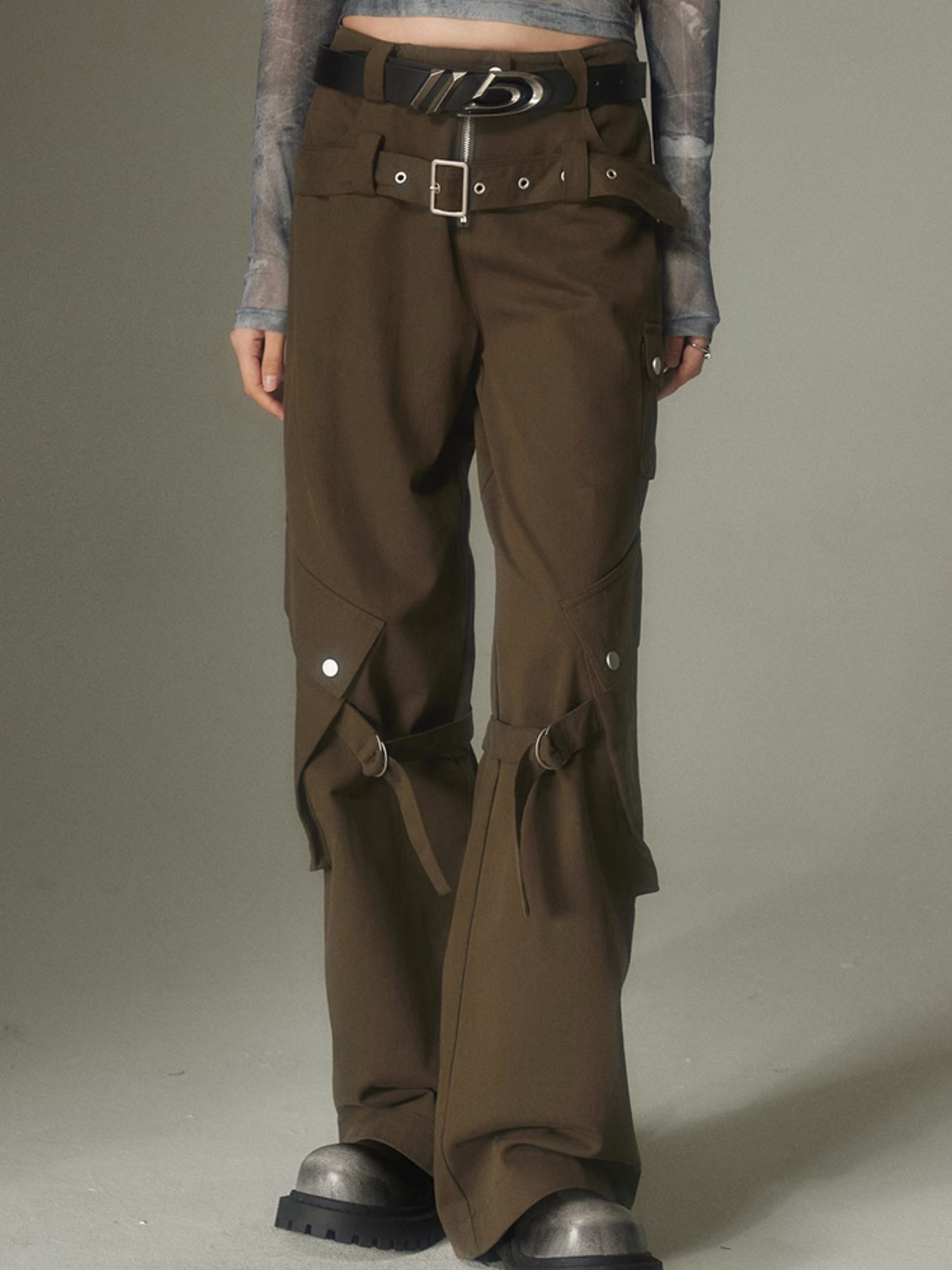 Double Belt Loose Straight Wide Leg Trousers