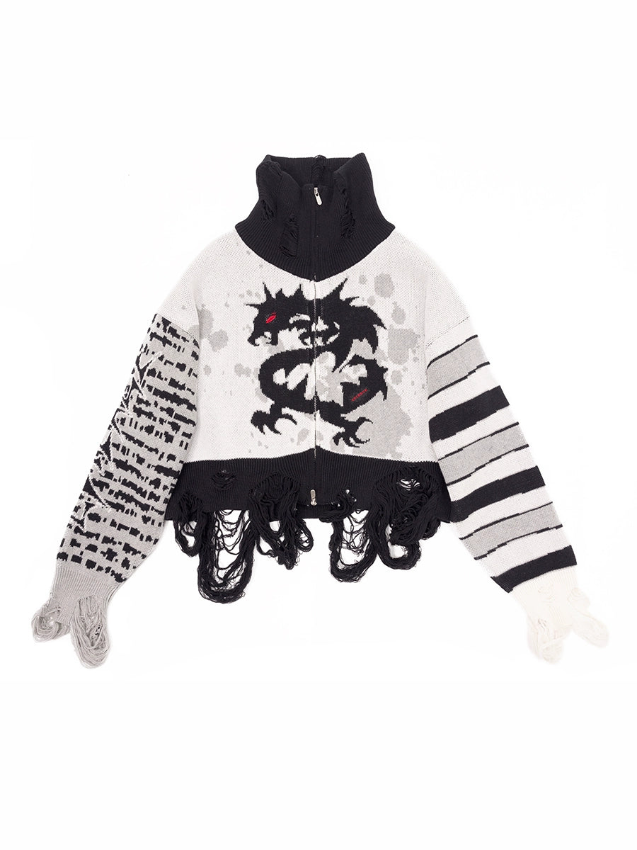 Dragon Pattern High-Neck Knitted Jacket