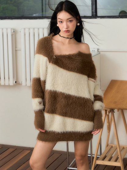 Off-Shouder-Border-Fluffy-Pullover