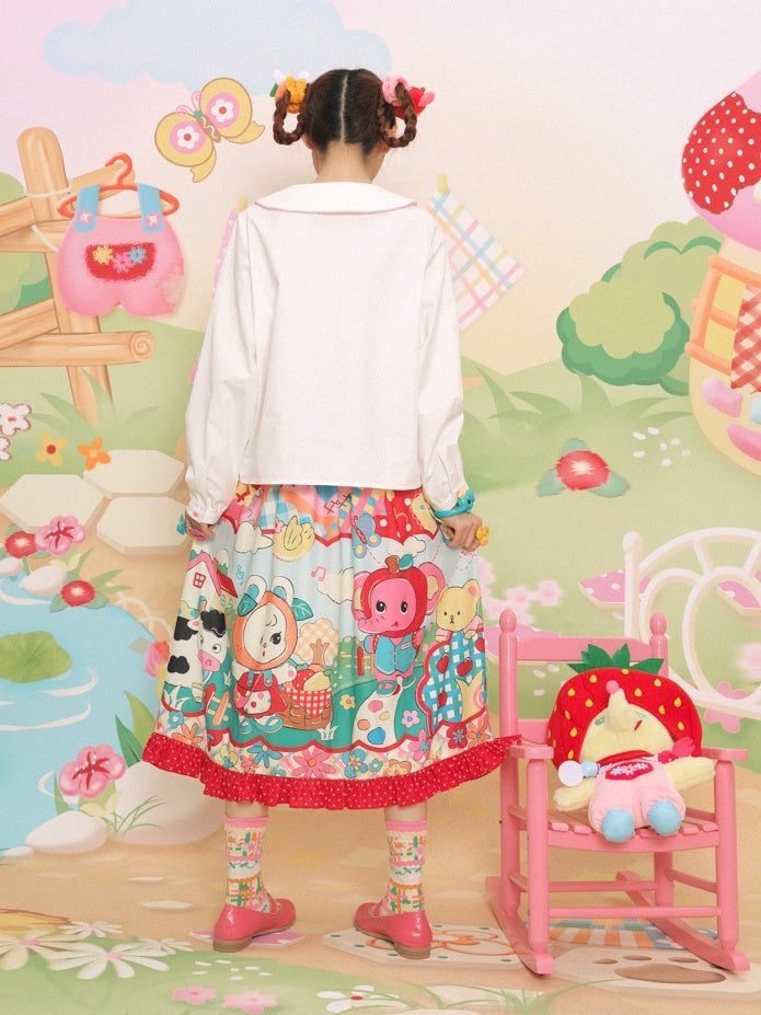 Cartoon Printed Splicing Lace Gather Skirt