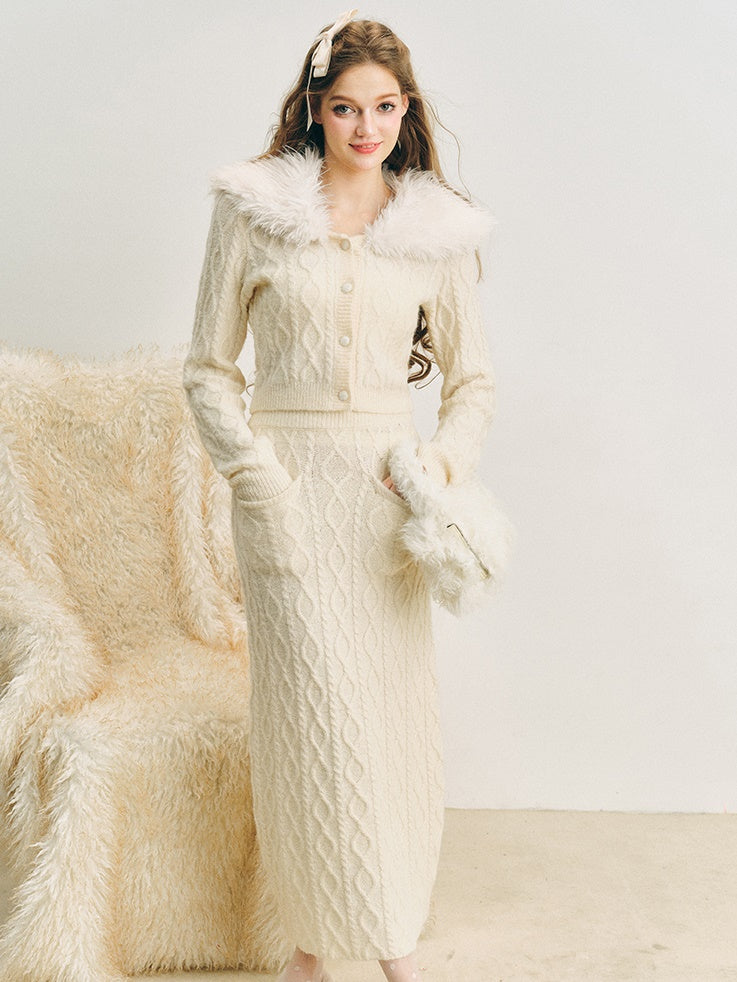 Fur Collar Twist Knitted Cardigan ＆ Long Skirt