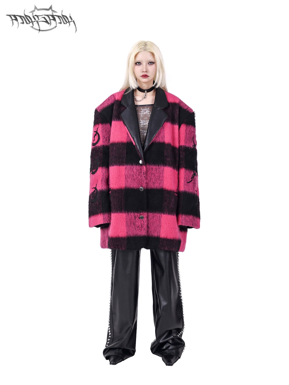 Plaid Leather Embroidered Shoulder Pads Genderless Coat