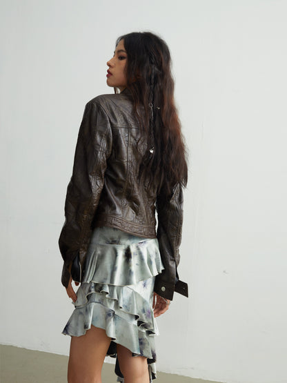 Wrinkled Texture Imitation Leather Slim Jacket