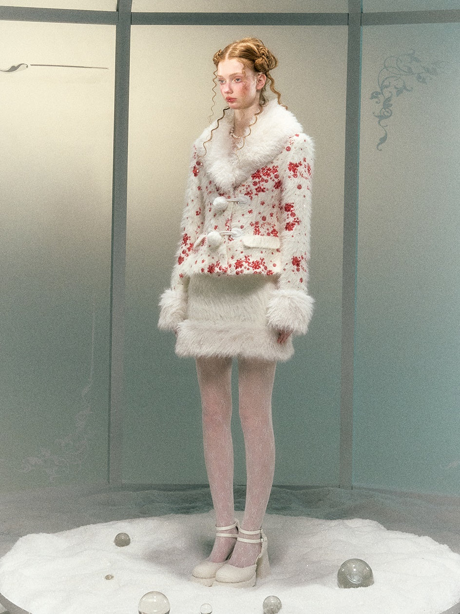 Sequined Embroidery Fur Collar Waisted Jacket ＆ Skirt